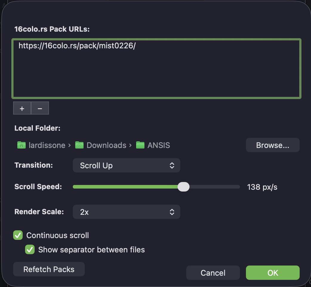 The ansi-saver configuration panel, showing options for scroll speed, transition style and render scale