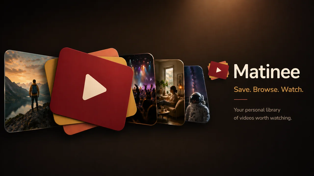 Matinee's title card — a fan of video thumbnails behind a red play button, with the tagline “Save. Browse. Watch.”