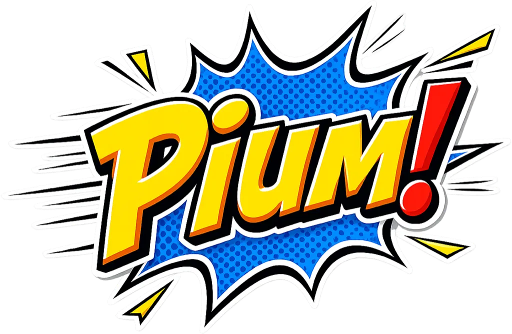 The Pium! logo, its name in comic lettering on a yellow and blue starburst